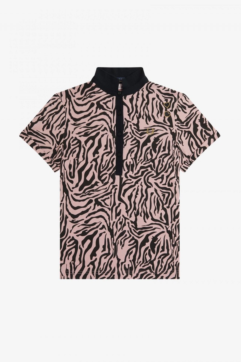 Fred Perry Zebra Print Women's Polo Shirt Dusty Rose Pink | DOUXJ4975