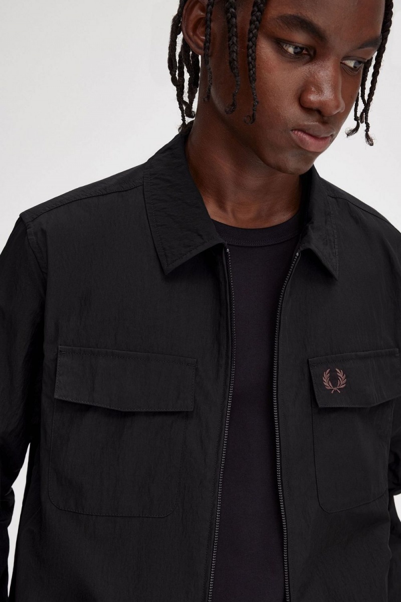 Fred Perry Zip-Through Men's Shirt Black | QJGDY3721