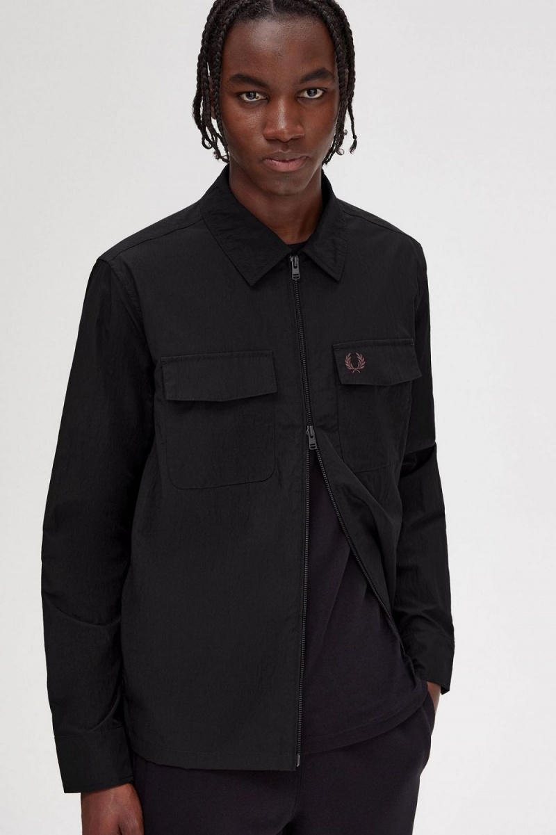 Fred Perry Zip-Through Men's Shirt Black | QJGDY3721