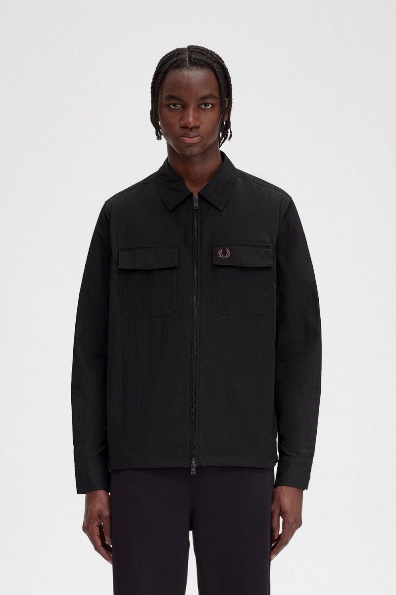 Fred Perry Zip-Through Men's Shirt Black | QJGDY3721