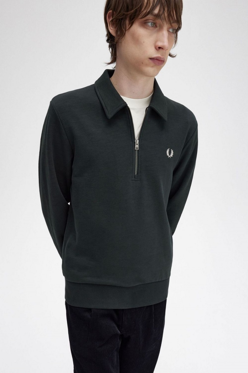 Fred Perry Zip Neck Collar Men's Sweatshirts Night Green | MLUHF0326