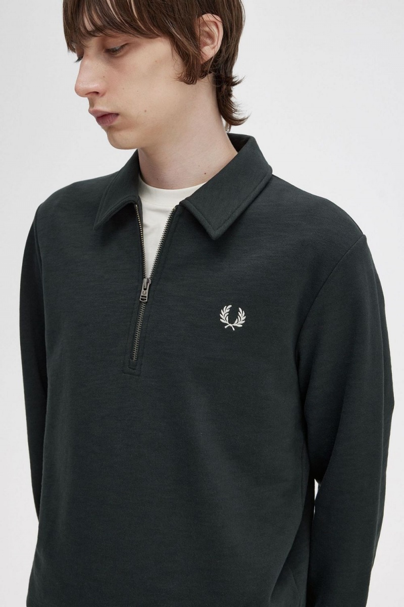 Fred Perry Zip Neck Collar Men's Sweatshirts Night Green | MLUHF0326