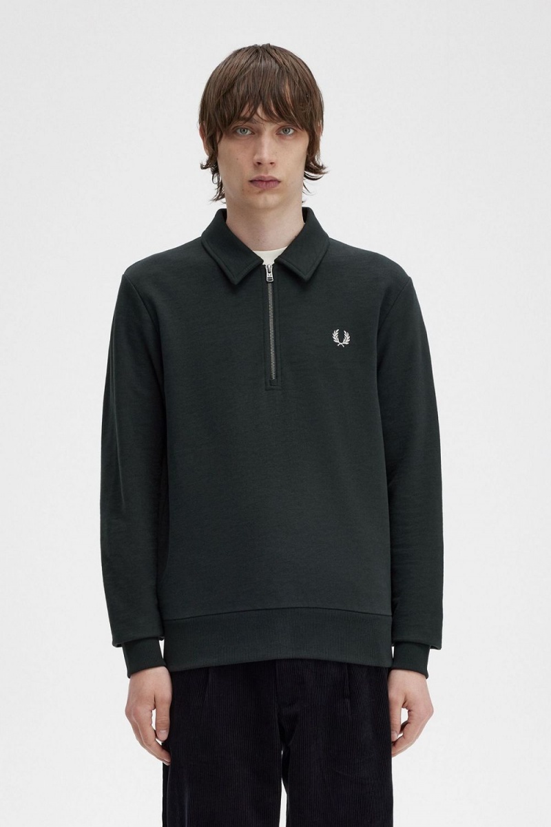 Fred Perry Zip Neck Collar Men\'s Sweatshirts Night Green | MLUHF0326