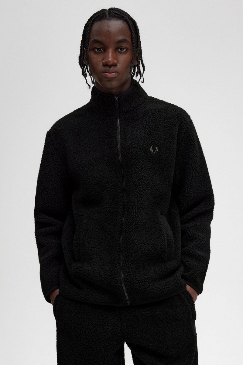 Fred Perry Zip Through Borg Fleece Men's Sweatshirts Black | VXKCW5983