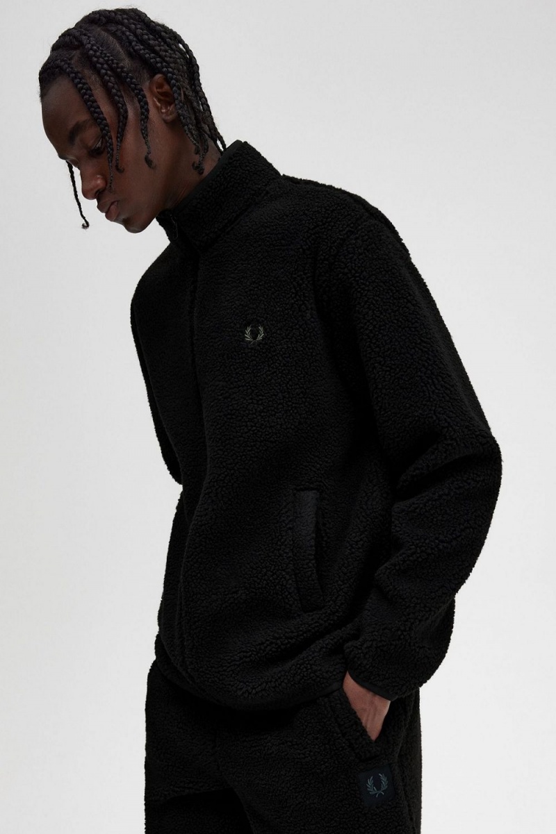 Fred Perry Zip Through Borg Fleece Men's Sweatshirts Black | VXKCW5983