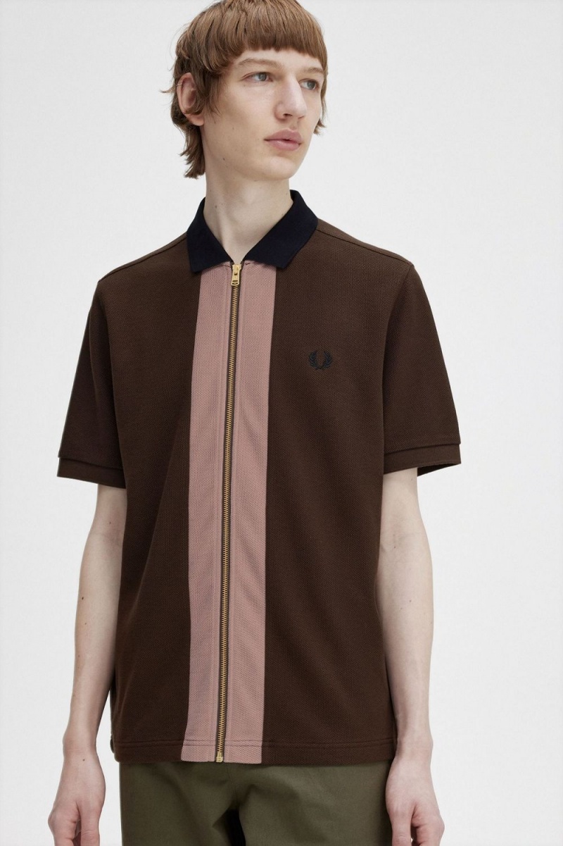 Fred Perry Zip Through Men's Polo Shirt Burnt Tobacco | ZBOTJ6051