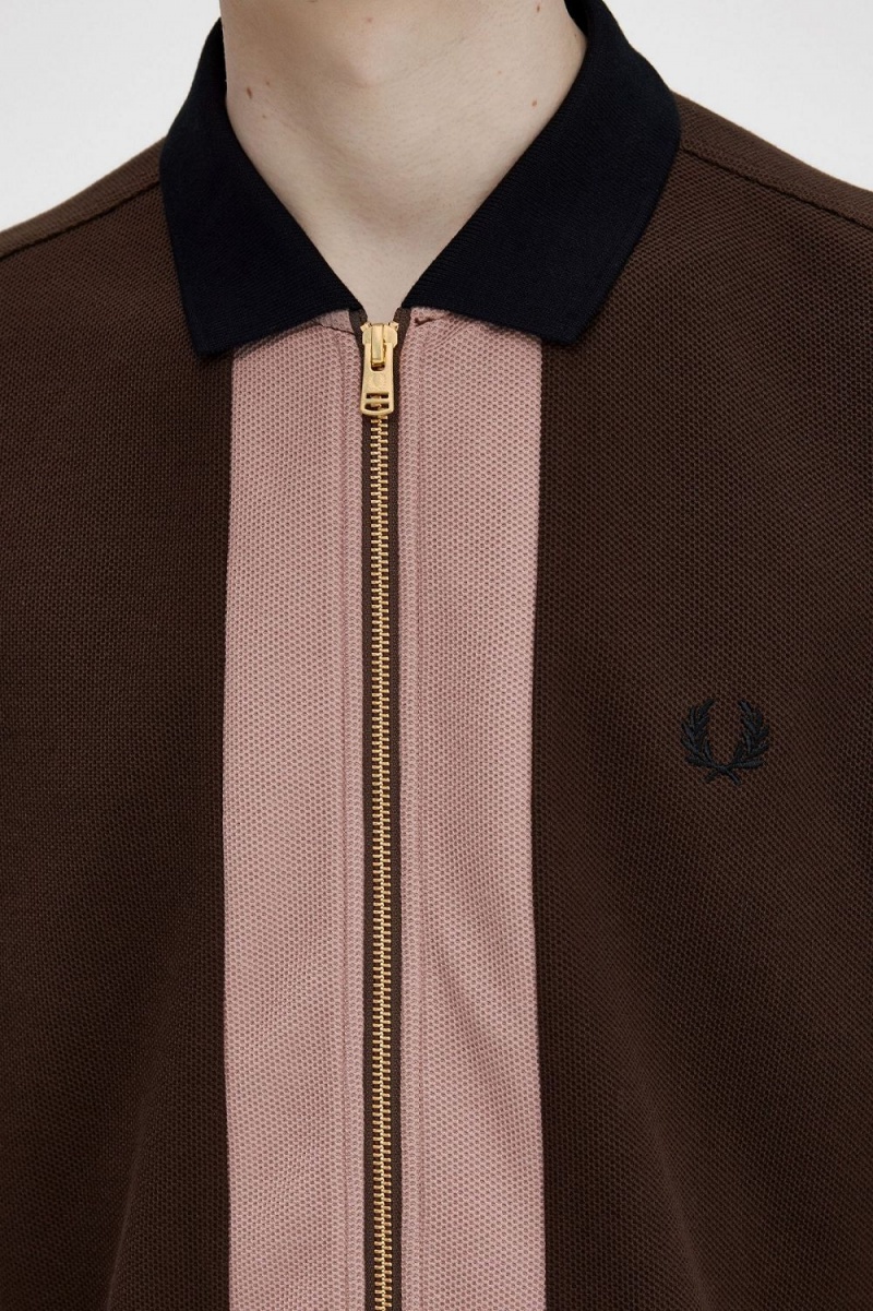 Fred Perry Zip Through Men's Polo Shirt Burnt Tobacco | ZBOTJ6051