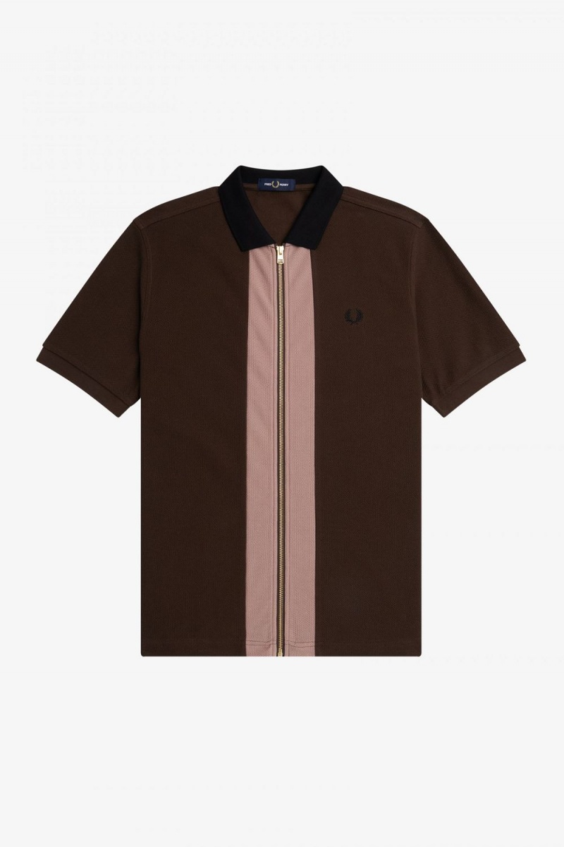 Fred Perry Zip Through Men's Polo Shirt Burnt Tobacco | ZBOTJ6051