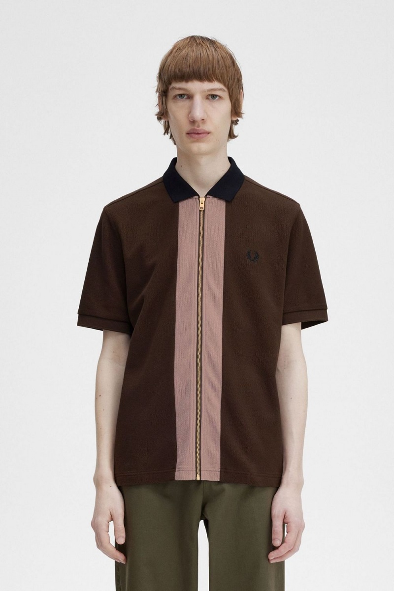 Fred Perry Zip Through Men\'s Polo Shirt Burnt Tobacco | ZBOTJ6051